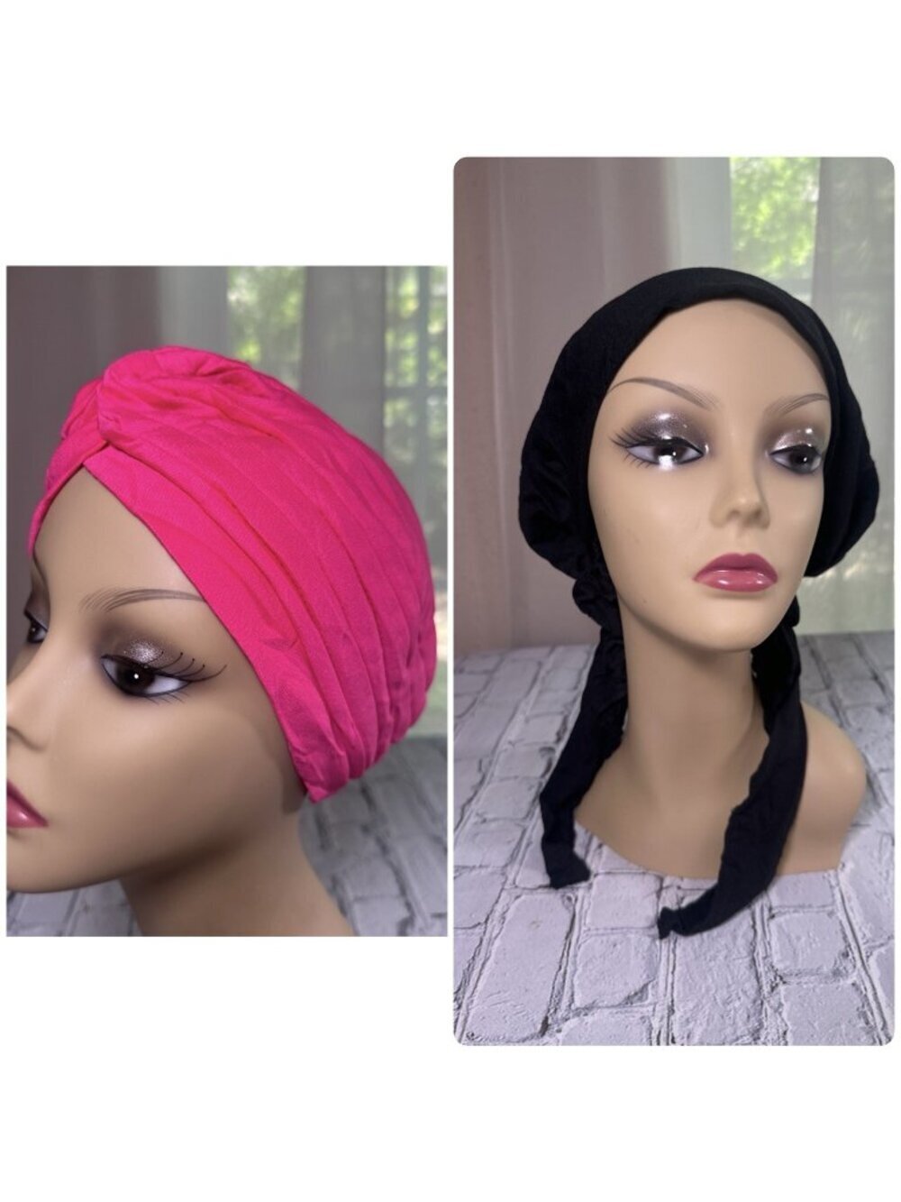Slip On Turban Wrap Hat Chemo Breast Cancer Headwear Set Of 2 Pink Black New